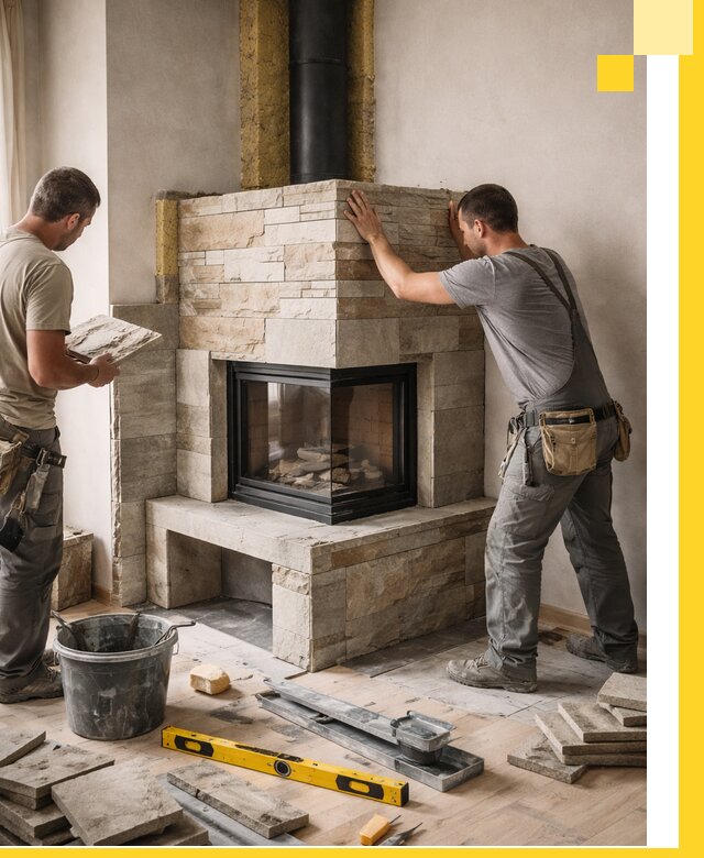 Угловые камины под ключ проект, монтаж и отделка в Устях-Джегуте